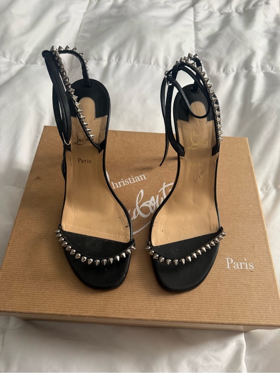 Christian Louboutin Shoes - Christian Louboutin Black Leather Spike-Trim Ankle-Strap Heels